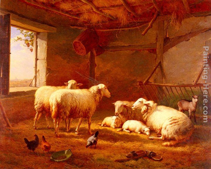 Eugene Verboeckhoven Sheep With Chickens And A Goat In A Barn